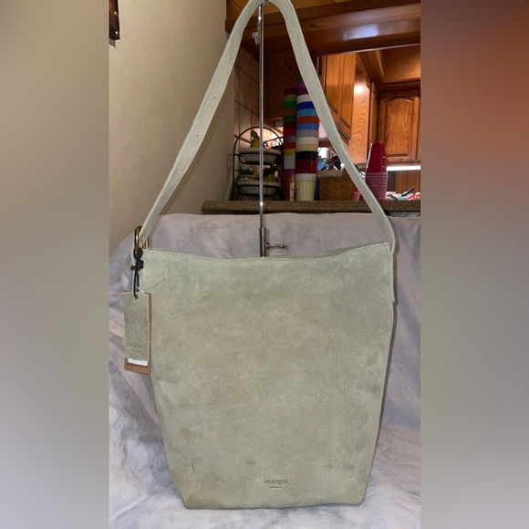 Margot New York Neutral Suede Genuine Leather Kaye Bucket Large Tote Lined - Picture 4 of 16